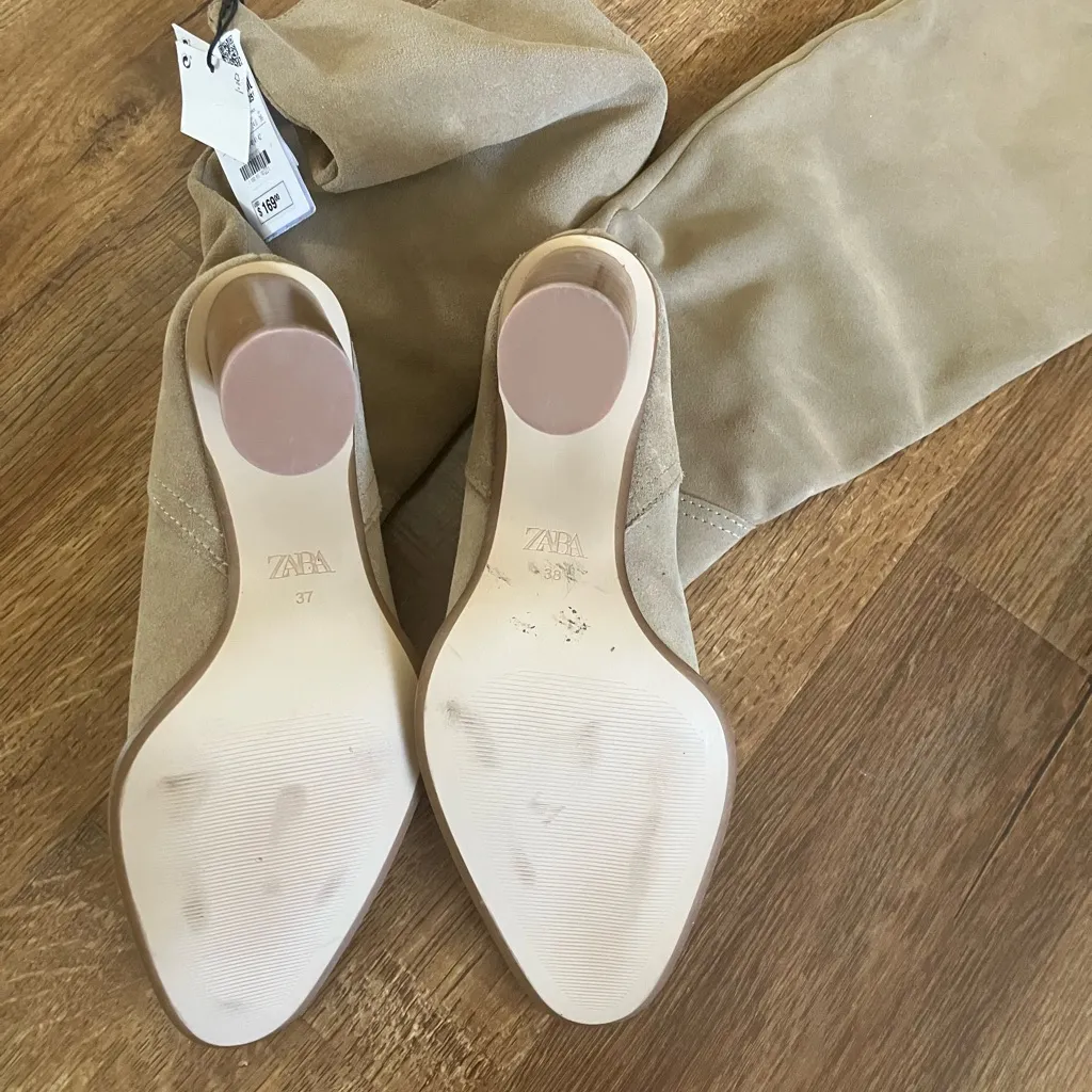 ZARA BEIGE HEELED SUEDE KNEE HIGH BOOTS - Image 7