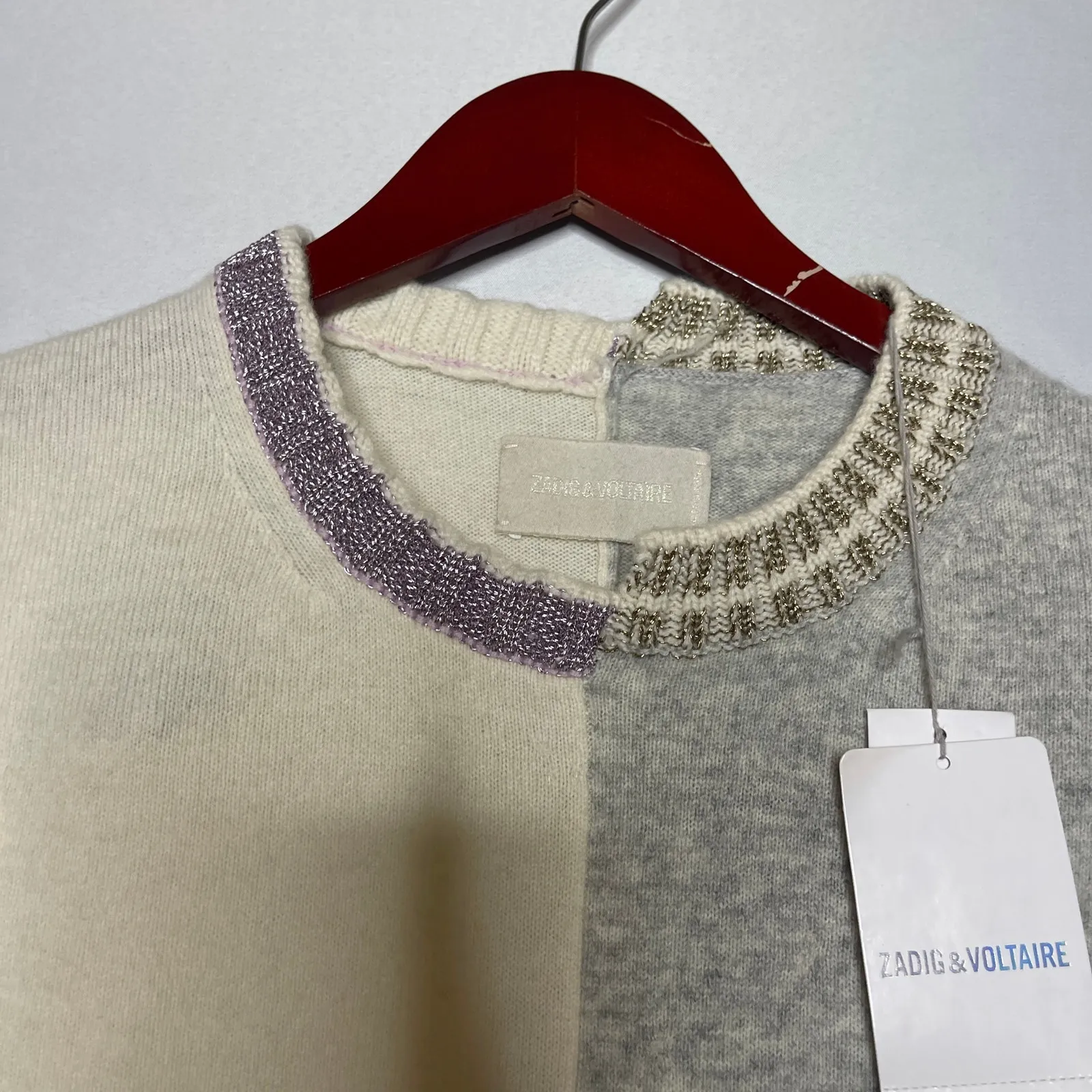 New Zadig & Voltaire two-tone wool-cashmere blend crewneck sweater sz S - Image 3