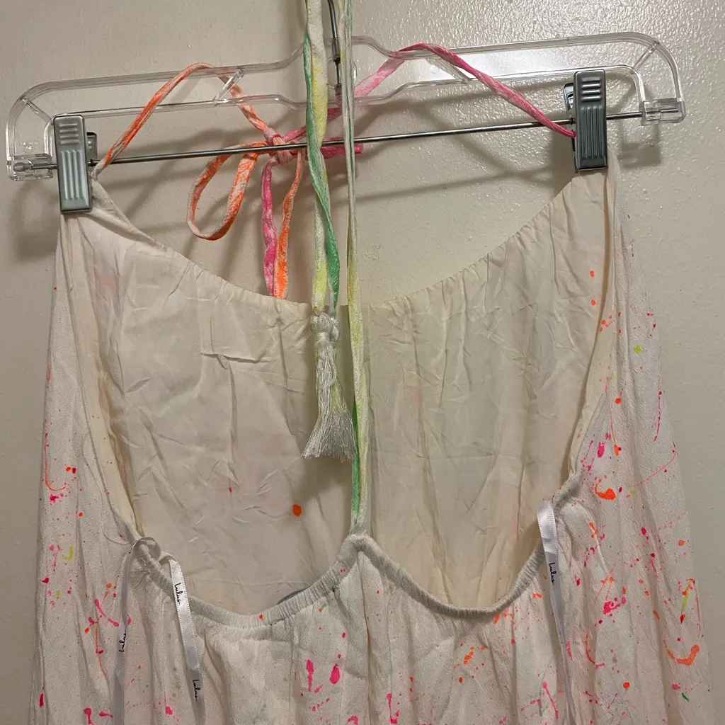 Lulus Womens Paint Splatter Halter Jumpsuit XS White Pastel Pink Green Orange - Image 6