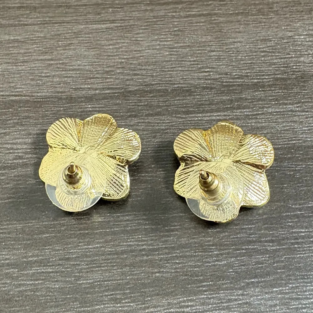 White Flower Gold Pave Earrings - Image 2