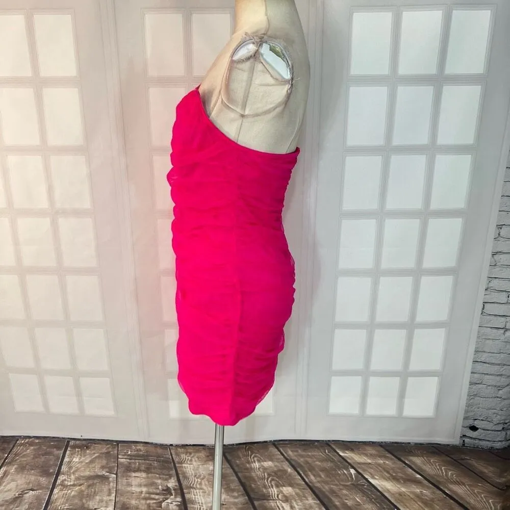 Prettylittlething Hot Pink Mesh Corset Detail Ruched Bodycon Dress Size 12 - Image 8