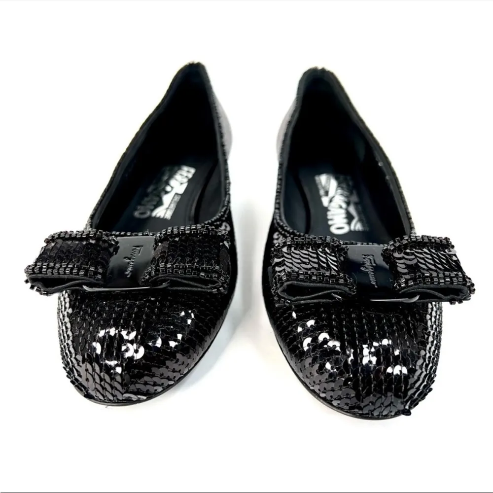 SALVATORE FERRAGAMO Vara Bow Black Sequin Block Heel Ballet Pumps Size 5 - Image 5