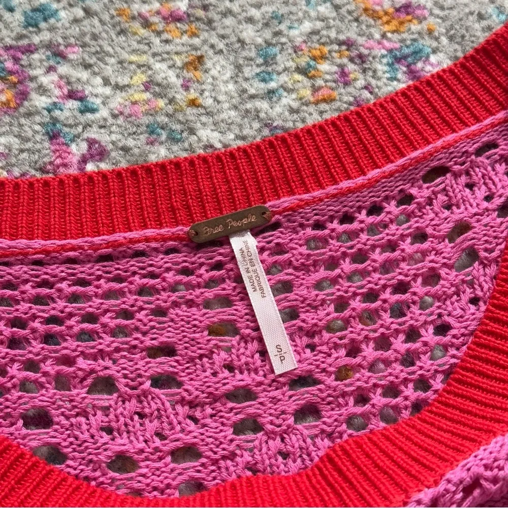 Free People Home Run Pink Red Crochet Knit Slouchy Pullover Sweater Size Small - Image 10