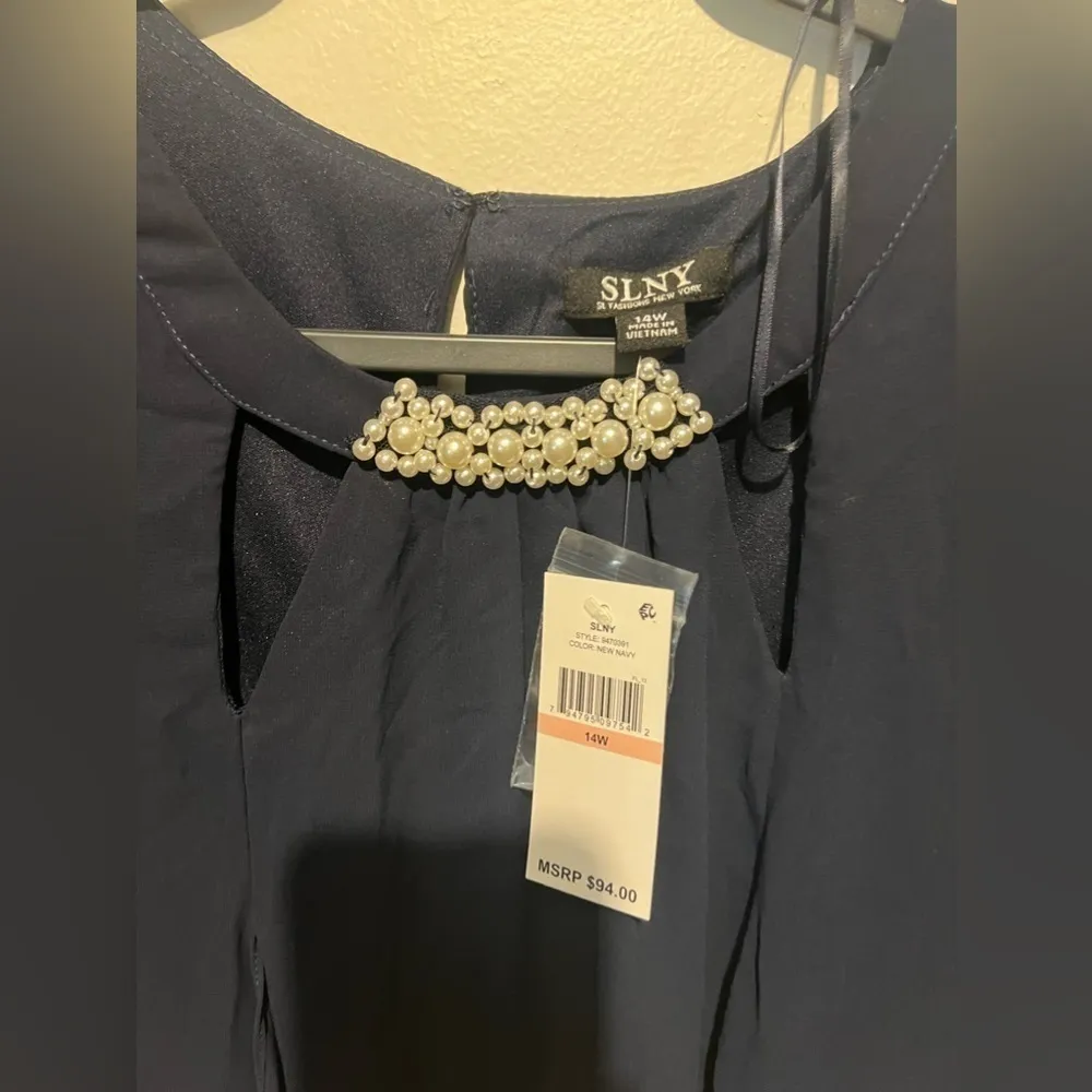 SLNY NWT navy Elegant Chiffon Cutout Sleeveless Dress - Image 2