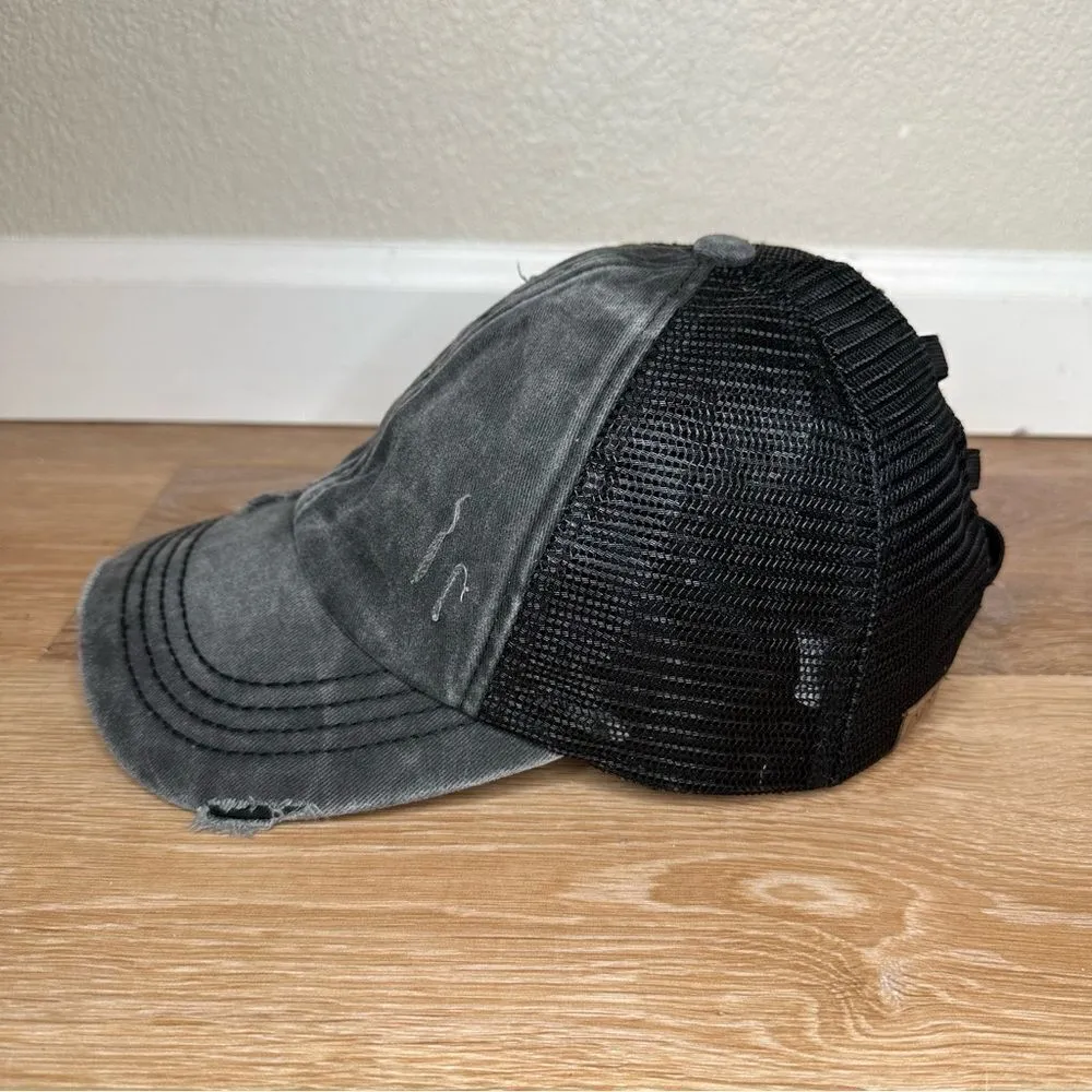 C.C Exclusives Gray Distressed Criss Cross Back Ponytail Hat - Image 4