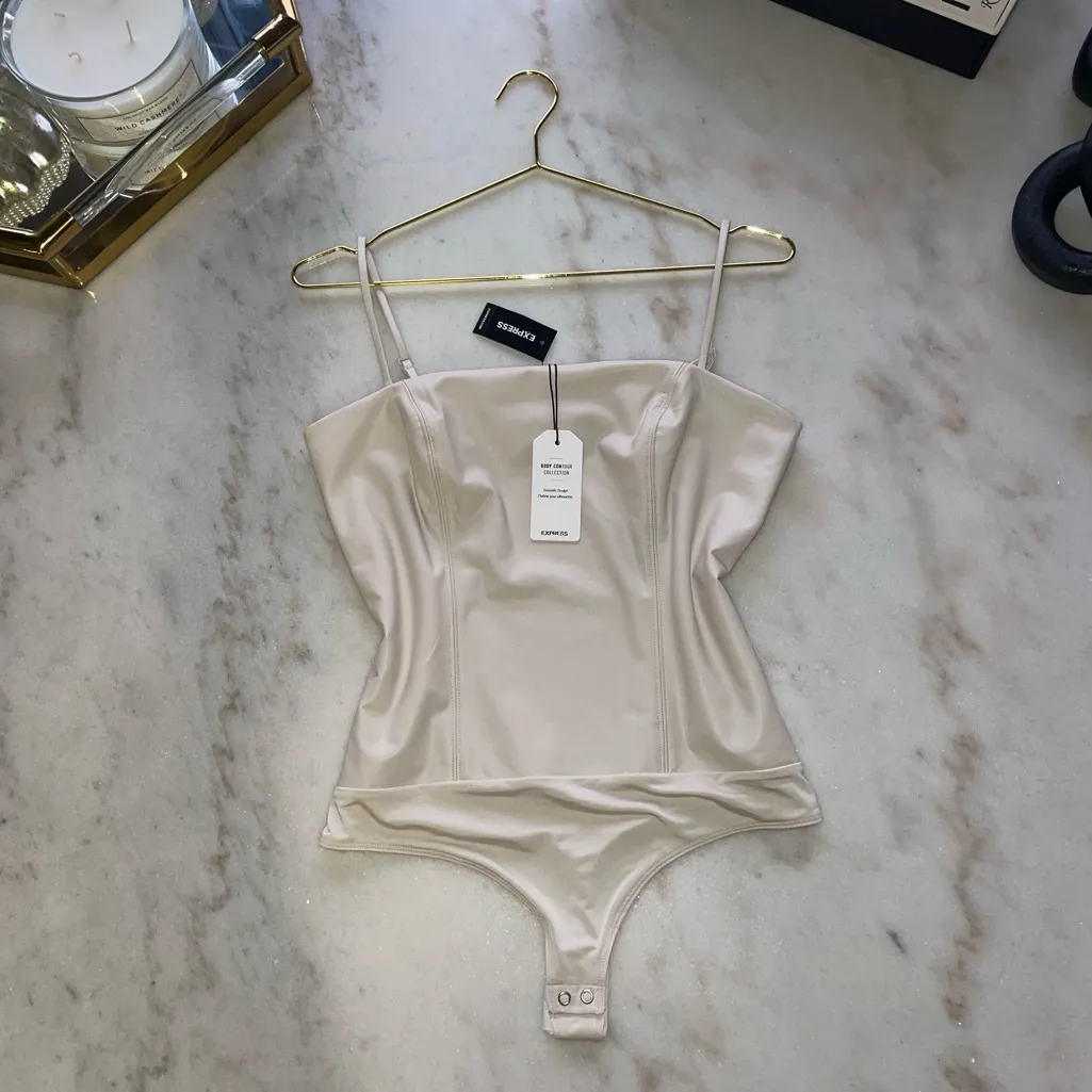 Express Body Contour Faux Leather Cami Bodysuit in Sandshell 2610 - Image 4