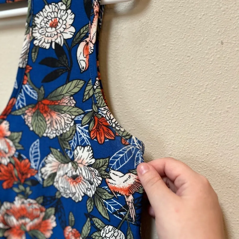 Derek Heart Blue Pink Floral Sparrow Print Dress • Boho Mini Flowy M - Image 7
