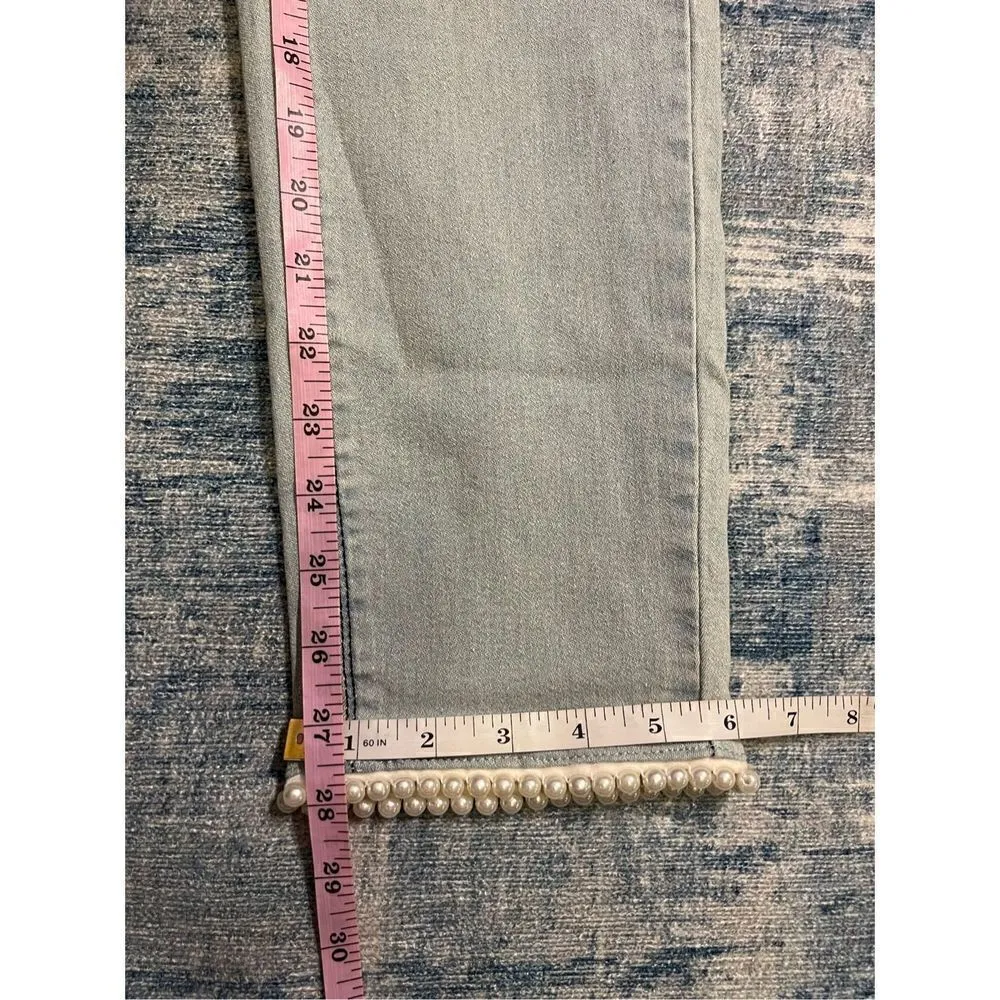 Thorn Universal Pale Wash High Rise Faux Pearl Hem Jeans Size 10 - Image 10