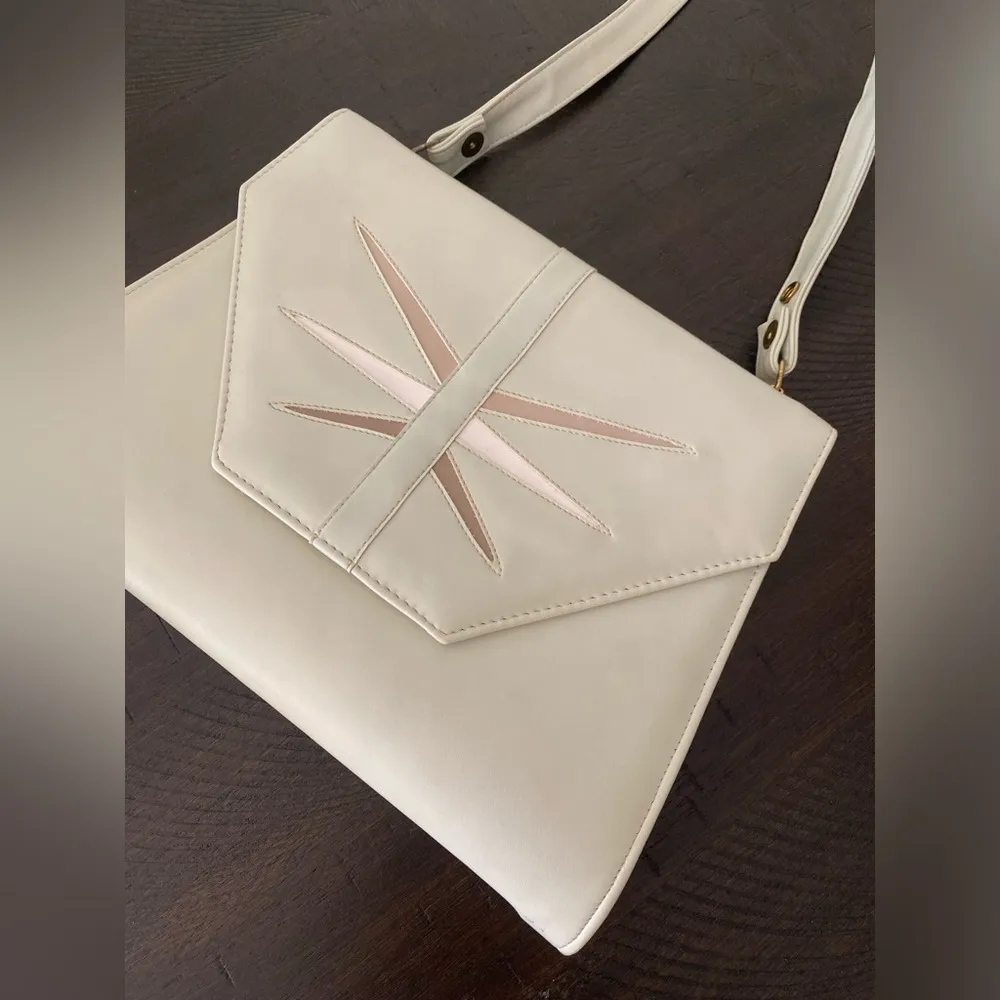 VTG 90s 80s Patent Leather Retro White Geometric Design Shoulder Purse - Image 3