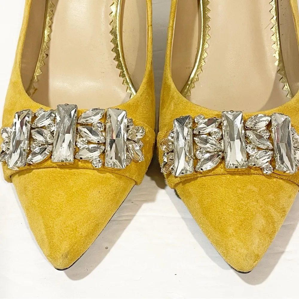 Karl Lagerfeld Size 9.5 Mustard Yellow Leather Rada Crystal Pumps - Image 3