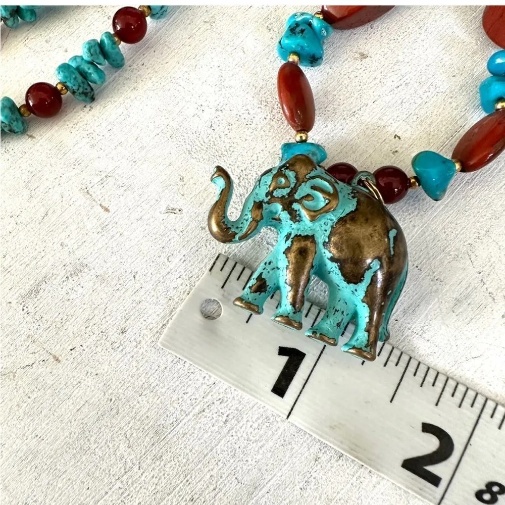 Brass elephant pendant necklace with carnelian, turquoise and red jasper beads - Image 10