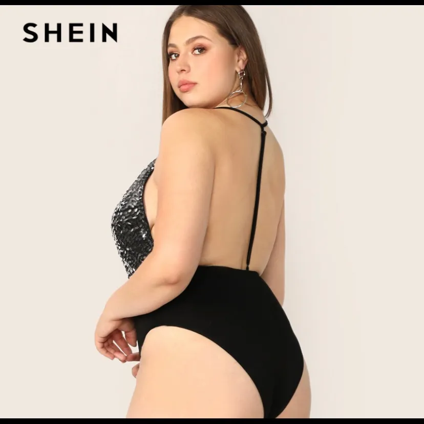 SHEIN Contrast Sequin Bodice Backless Halter Bodysuit Women Silver Size M - Image 3