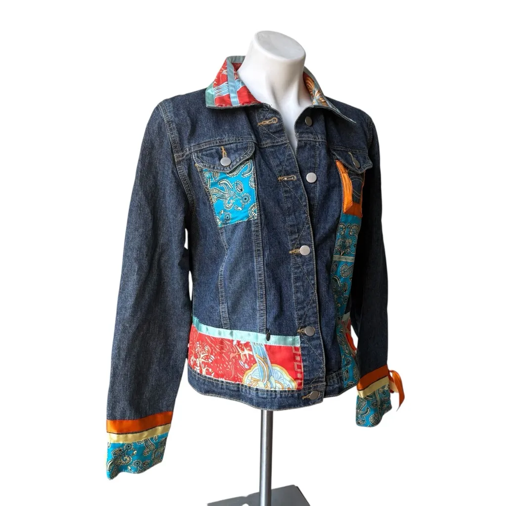 Pineda Covalin Denim Embellished Jacket Patchwork Ribbon Trim, Sz L Blue Size L - Image 3