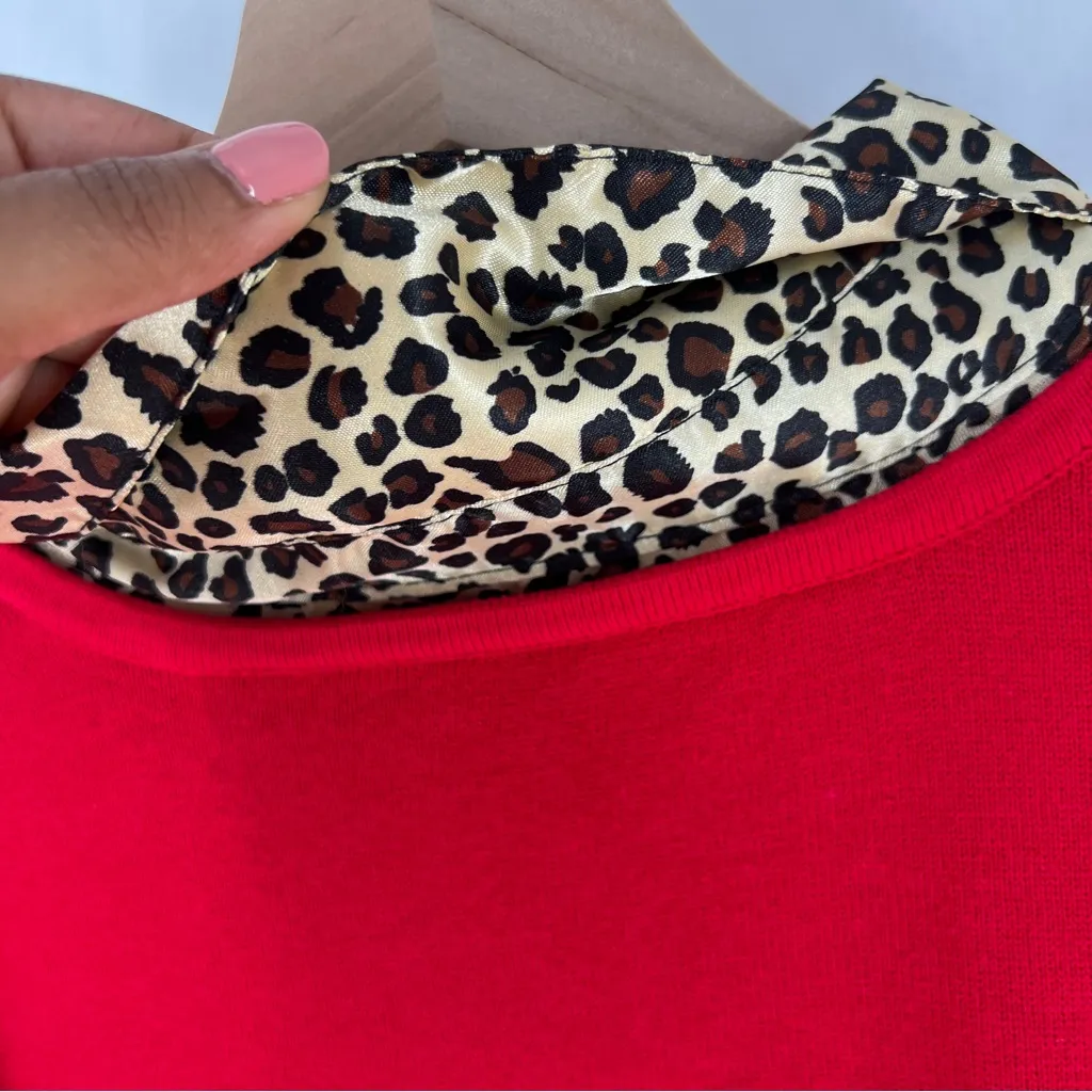 Quaker‎ Factory Embellished Red Knit Sweater Contrasting Satin Leopard Collar XL - Image 11