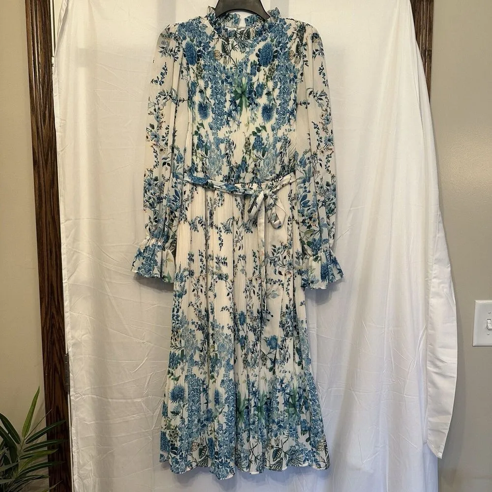 A. Calin by Flying Tomato Small Ivory Blue Floral Long Sleeve Pleated Midi Dress - Image 2
