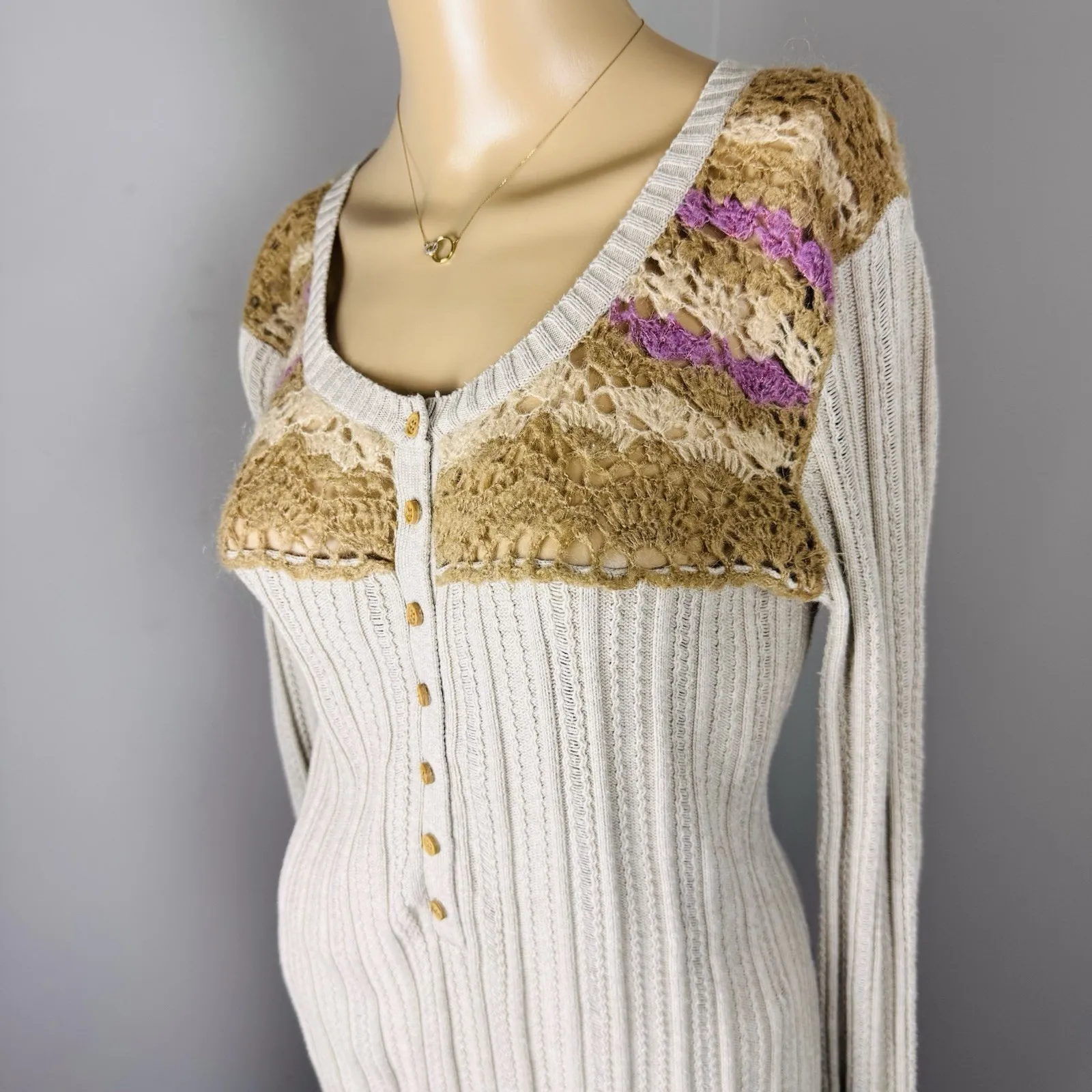 DKNY Women's‎ Sz M Sweater Cotton w/ Mohair Open Knit Accent Beige - Image 8