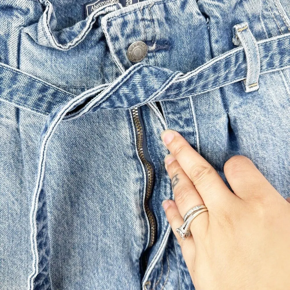 Abercrombie & Fitch Mom Jeans Blue Belted Paper Bag Waist High Rise Size 29/8 - Image 5