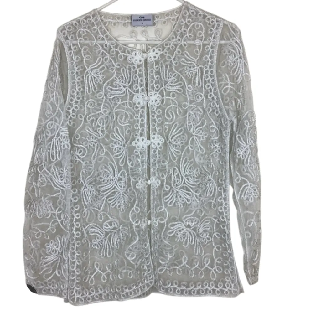 Vintage Princess Cruises White Metallic Sheer Lace Embroidered Blouse XL Formal Silver - Image 4