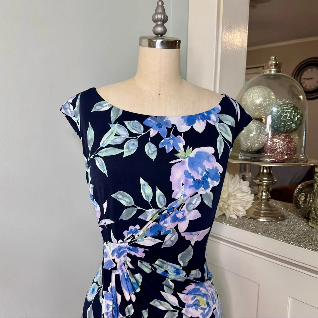 Connected Apparel Floral Ruched Sheath Dress Black Blue Size 8 - Image 3