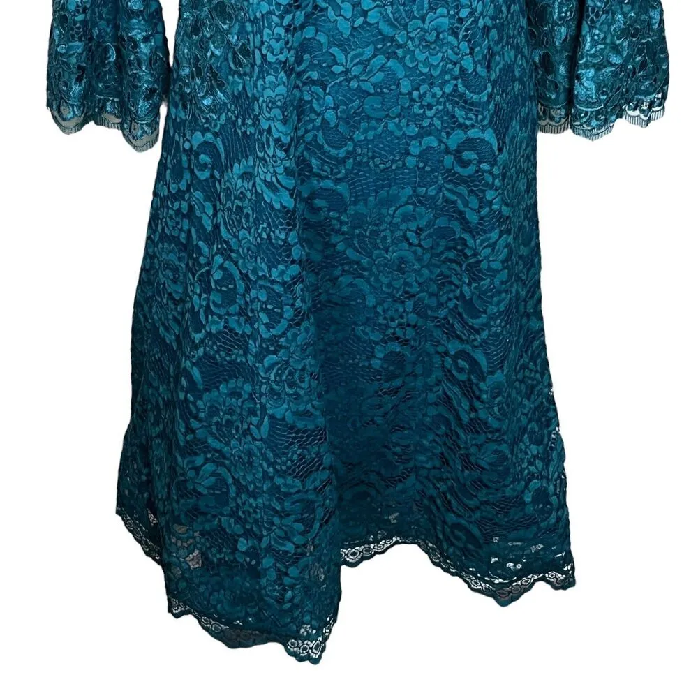 Teri Jon by Rickie Freeman Bell Sleeve Off The Shoulder Lace Dress Teal Size 4 Blue - Image 4
