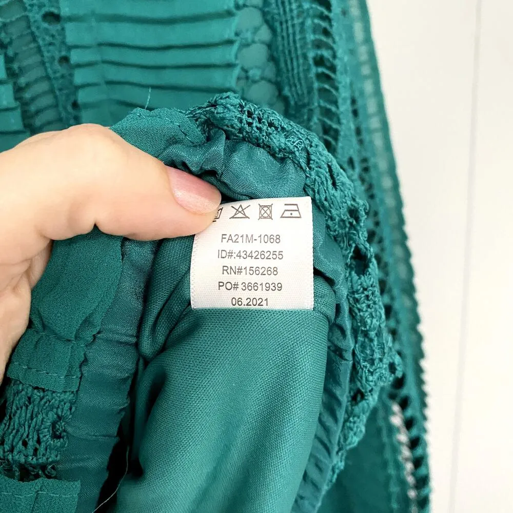 Calligraphy Forest Green Ruffle Pleated Lace Balloon Sleeves Crewneck Top M Size M - Image 2