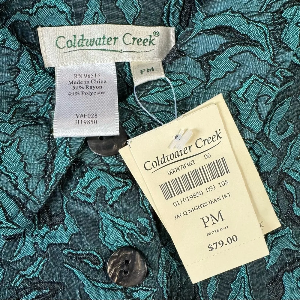 Coldwater Creek Deep Turquoise Jacquard Nights Button Front Jeans Jacket Size PM - Image 14