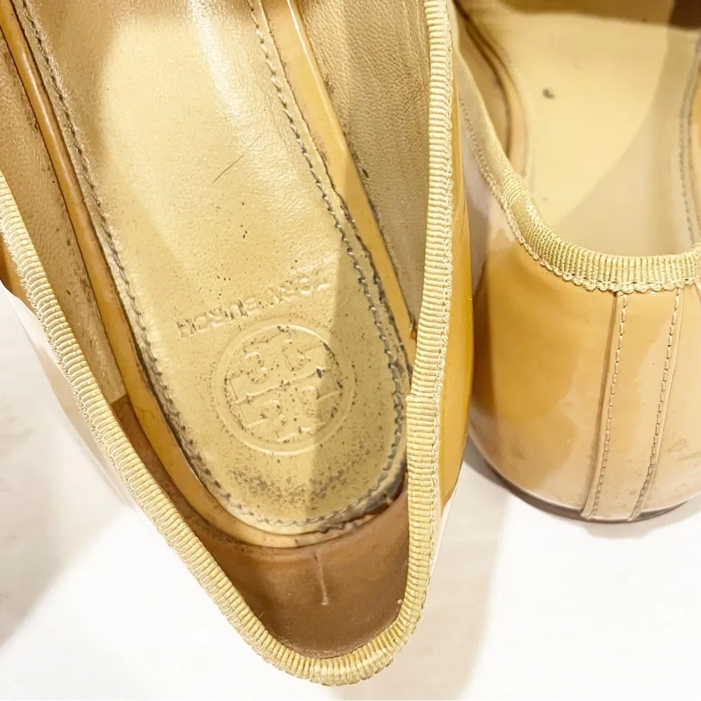 Tory Burch Size 9M Nude Patent Leather Trudy Bow Gold Reva Smoking Flat Loafers - Image 5