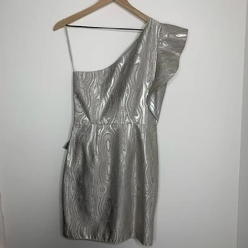 Saylor Woodgrain Jacquard One Shoulder Dress Silver Metal Womens New Small - Image 5