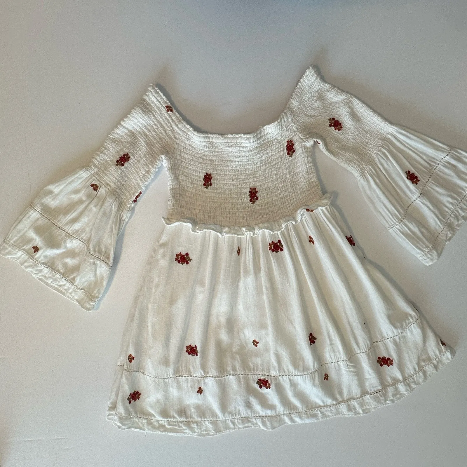 Free People Women's White Embroidered Smocked Boho Dress, Sz: L (b31) - Image 7