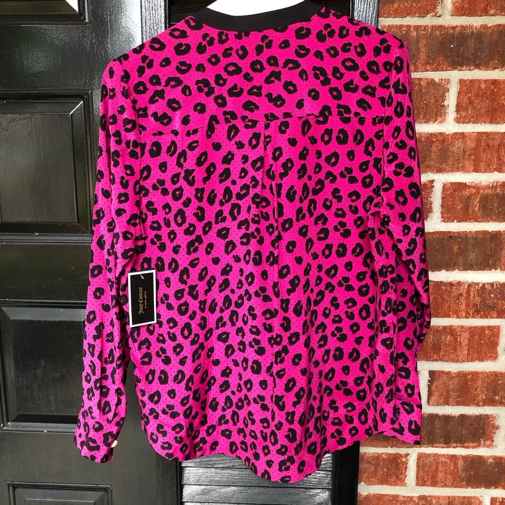 JUICY COUTURE Heartbreaker Dotty Cheetah Silk Long Sleeve Red Blouse Size Large - Image 4