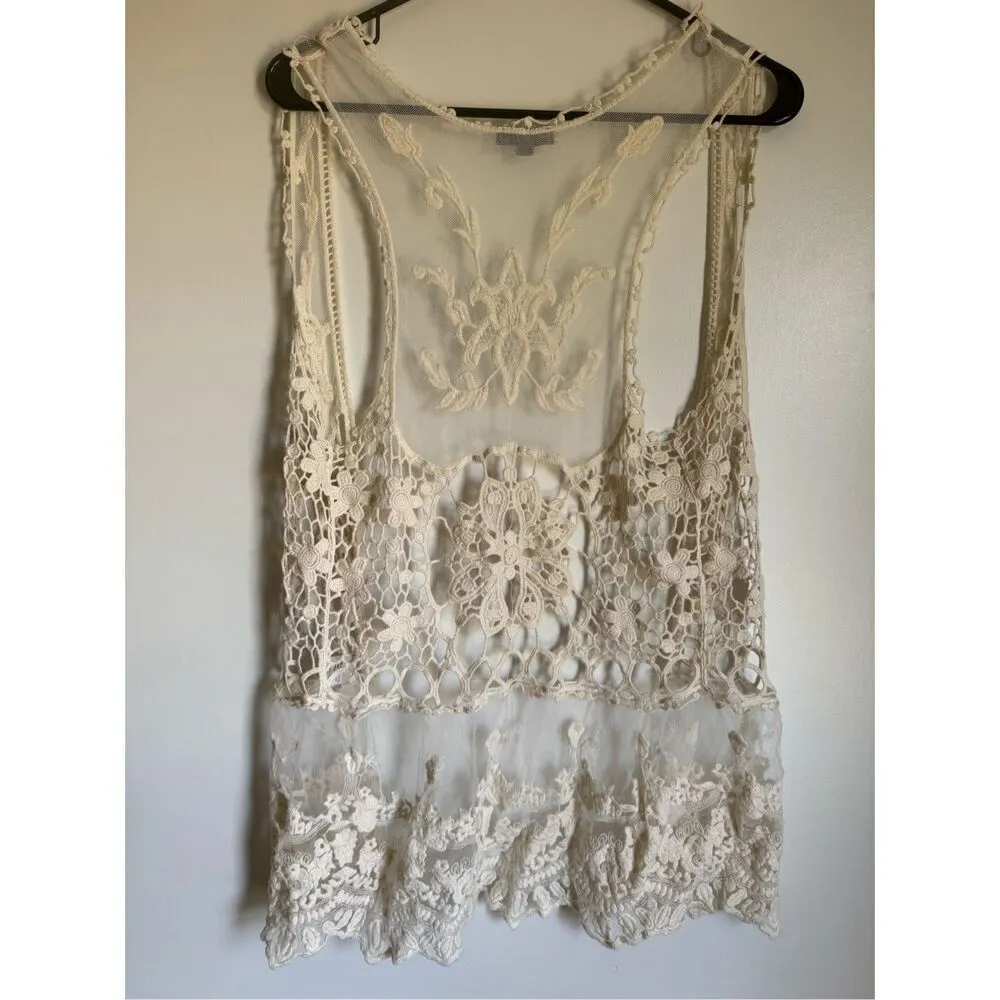 A Peach from Buckle crochet lace embroidered vest top sz S boho festival beachy White - Image 3