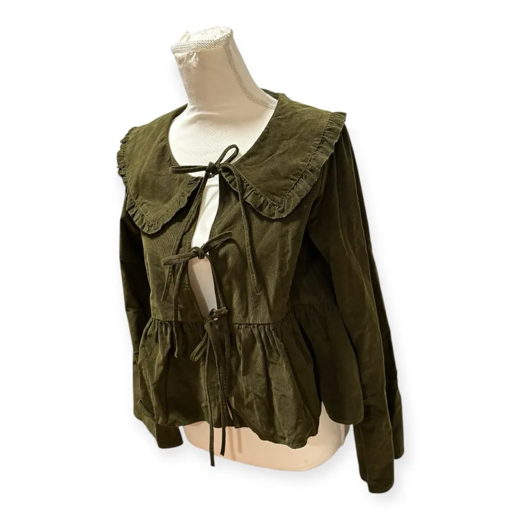 American Eagle Olive Corduroy Peplum Jacket Tie Front Ruffle Collar NWT M - Image 3