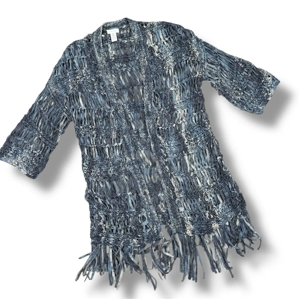 Chico's Boho Open Ribbon Yarn Knit Fringe Cardigan Sweater Denim Blue Small - Image 12