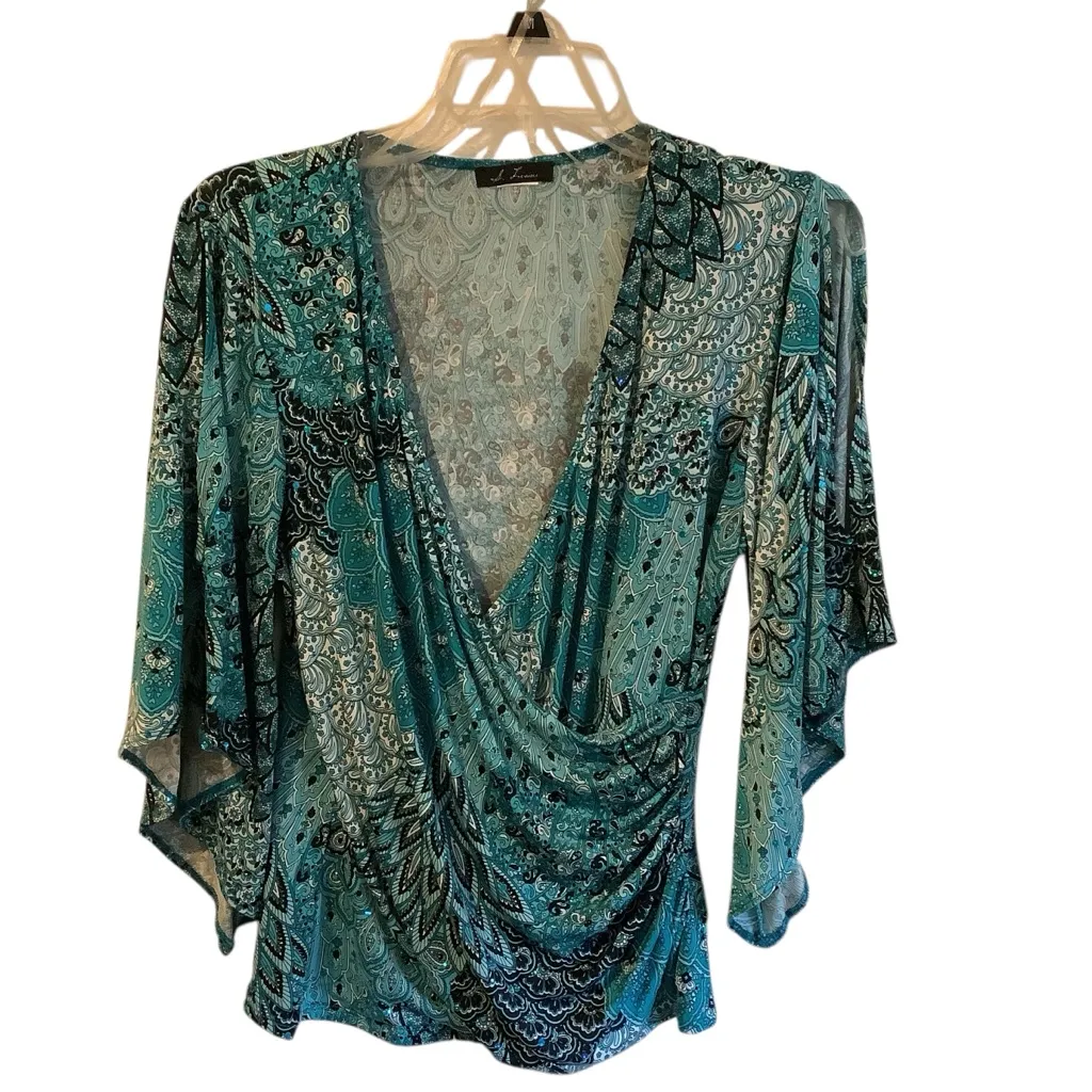 Elegant Women’s Peacock Type Teal & Black Flowey Top w/Tiny Sequins. Blue Size M - Image 5