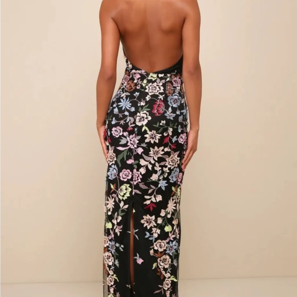 Lulus Infinite Praise Black 3d Floral Embroidered Halter Maxi Dress - Image 3