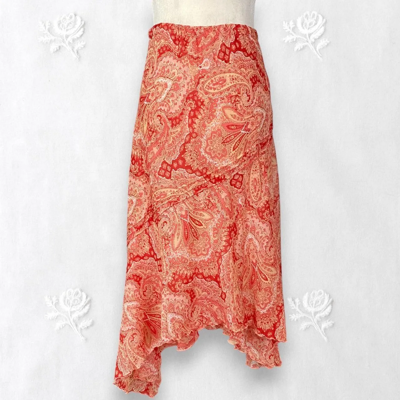 Early 2000's Frilly Ruffle Orange Pink Paisley Mesh Asymmetric Midi Skirt 16W XL - Image 2