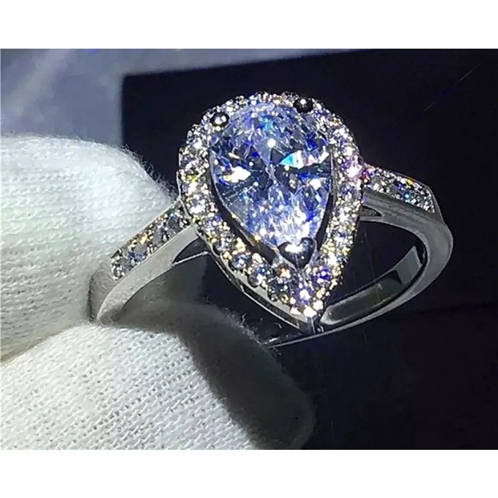 NEW Women's 3Ct Rhodium .925 Pear Halo Teardrop‎ Engagement Ring, Size 9 - Image 15