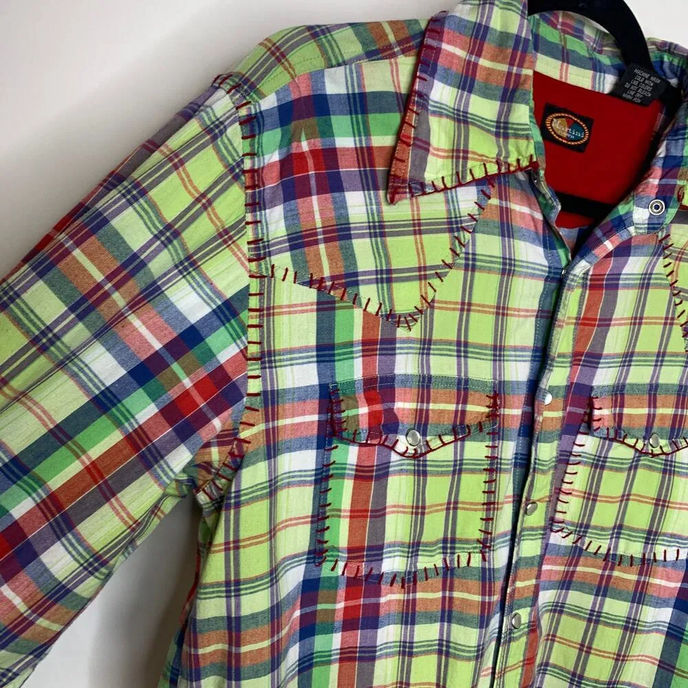 Martini Ranch Bright Plaid Whipstitch Snap Front Shirt Sz Medium Green - Image 4
