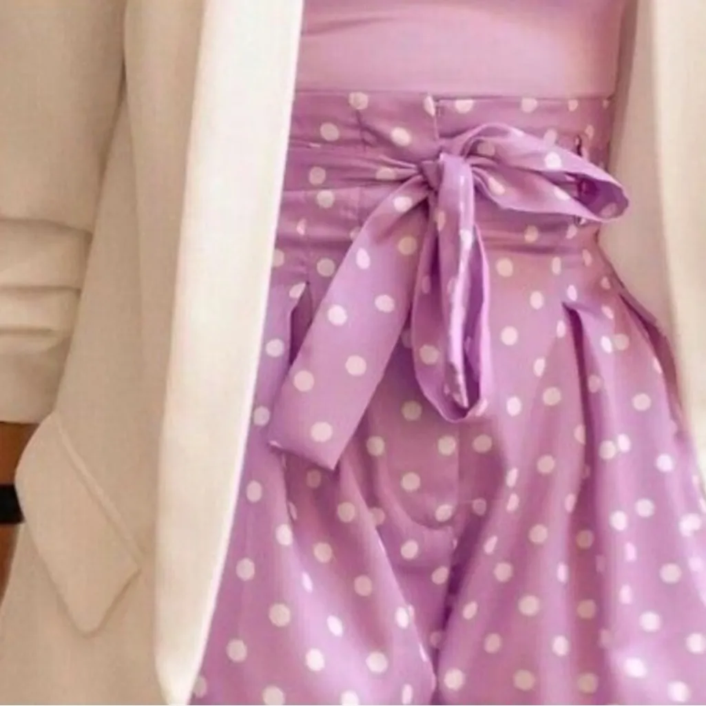 ZARA Lilac & White Polka Dot High Waisted Flowy Satin Belted Paperbag Shorts XS‎ - Image 4