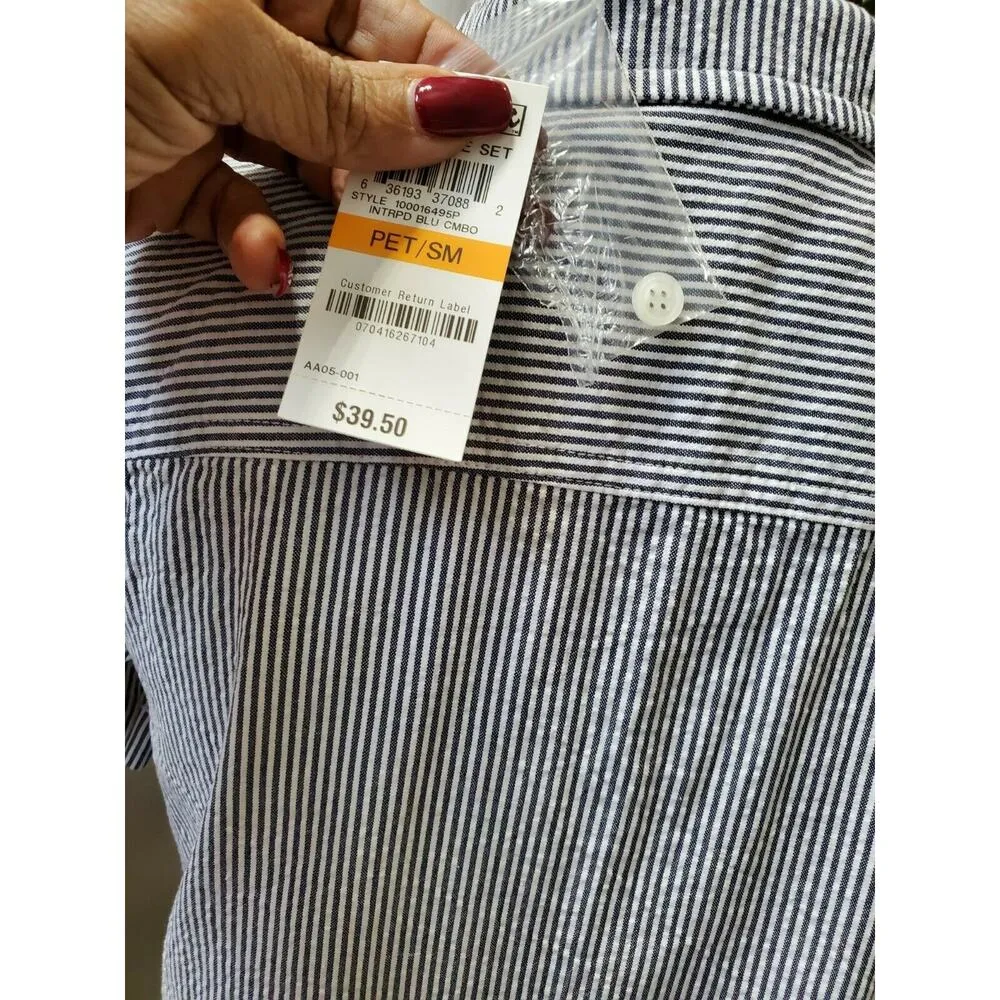 Karen Scott Women Blue / White Cotton Collared Short Sleeve Button Down Shirt PS - Image 8