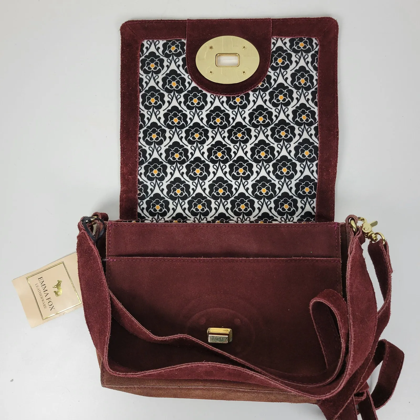 Emma Fox Womens Crossbody Shoulder Bag Burgundy‎ Suede Leather Boxy Flap NEW - Image 15