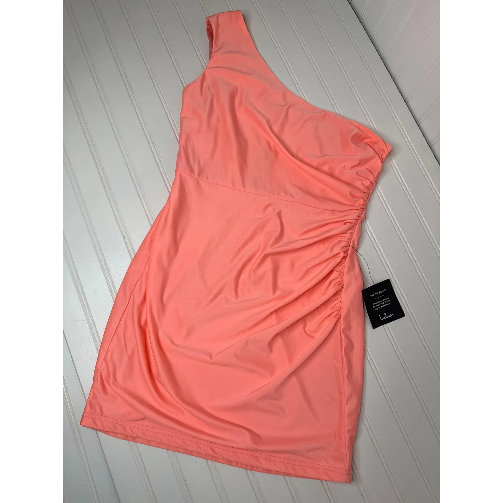 NWT Lulus Extraordinary Poise Coral Pink One-Shoulder Mini Dress Ruched Party L - Image 3