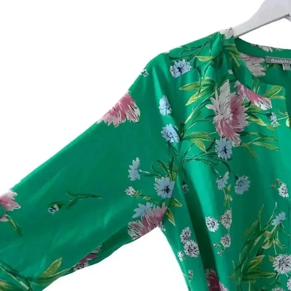 Anthropologie Daniel Rain Green Floral Print 3/4 Sleeve Tie Dress SZ M #2194 - Image 5