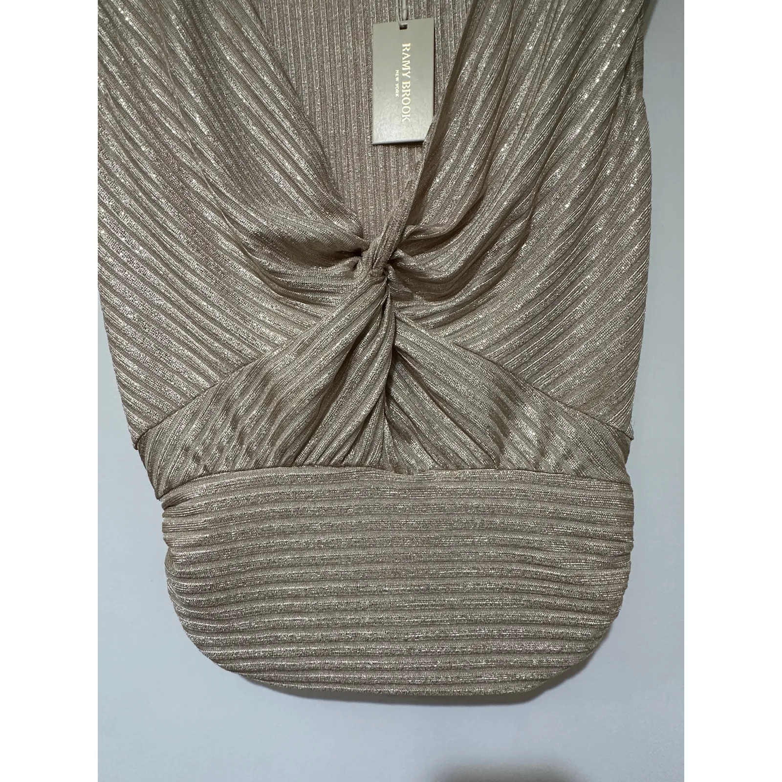 Ramy Brook Adley Metallic Stripe Knotted Top Soft Gold Foil Size 6 NWT Chic Glam - Image 6