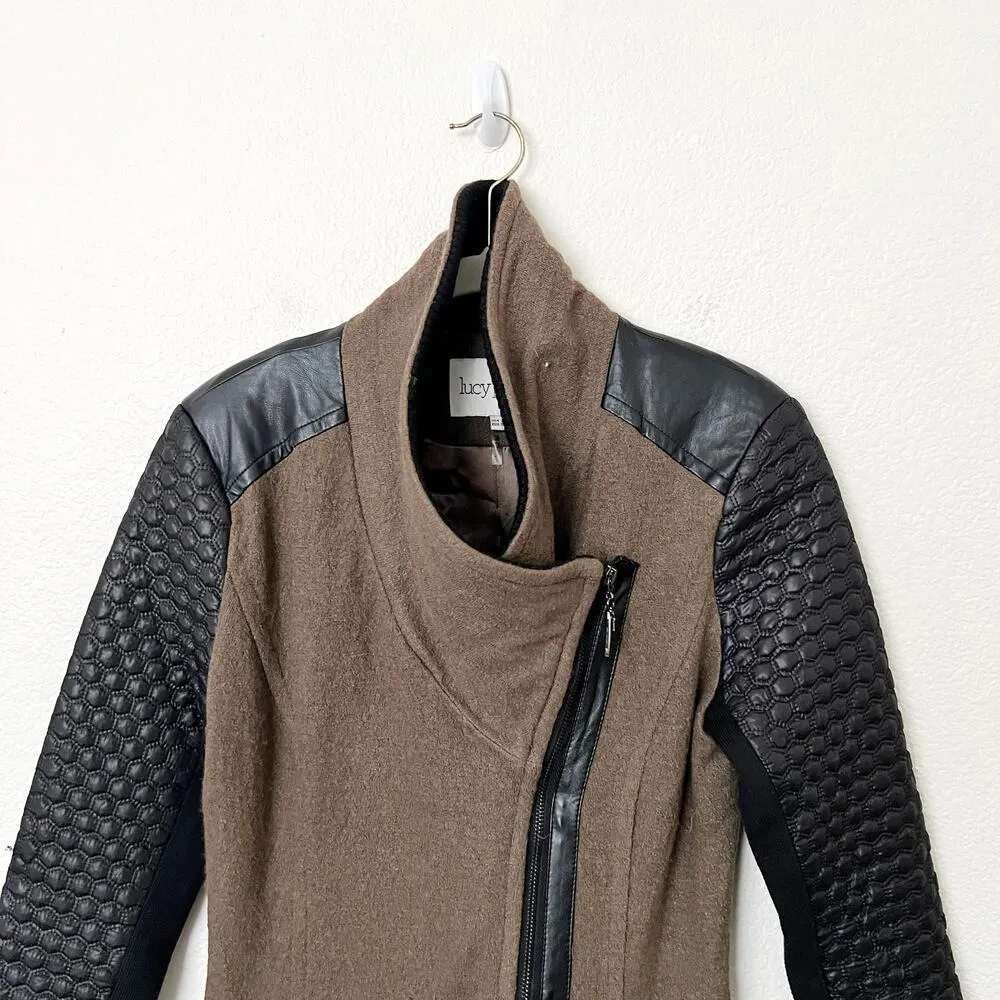 [Lucy Paris] Olive Green Black Mixed Media Wool Faux Leather Jacket Size Small S - Image 3