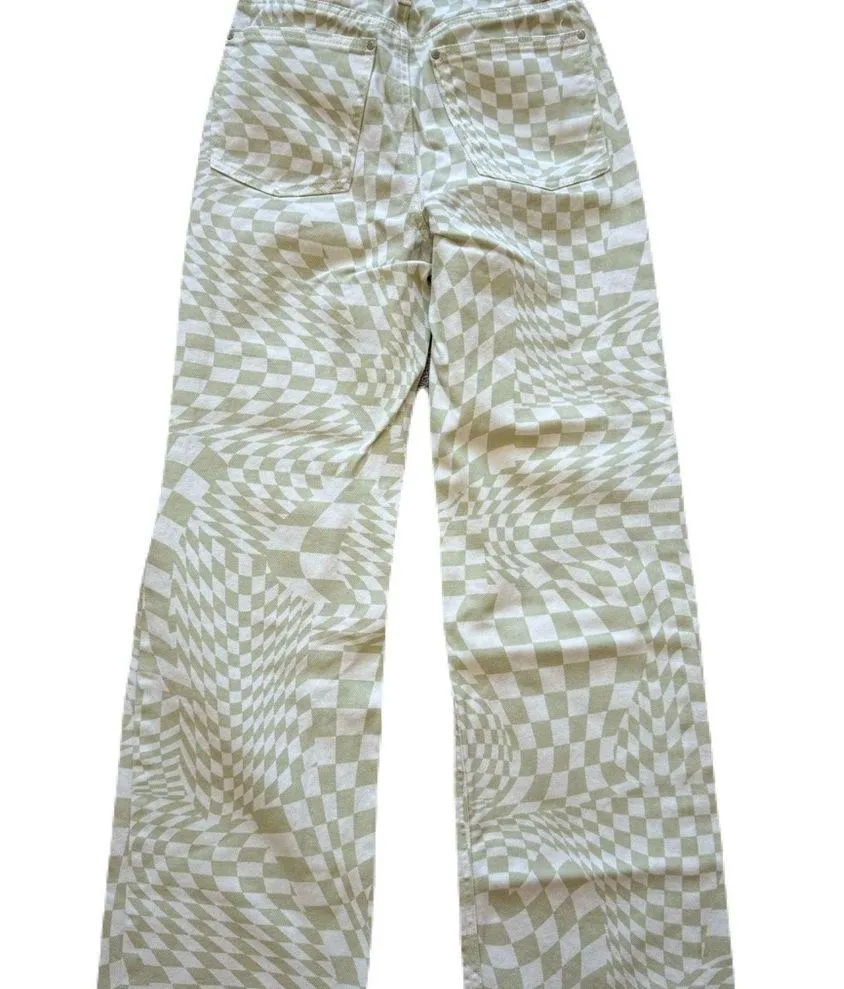 Women's  Checkered Jean Pants Green and White Size 24 Y2K - Image 2