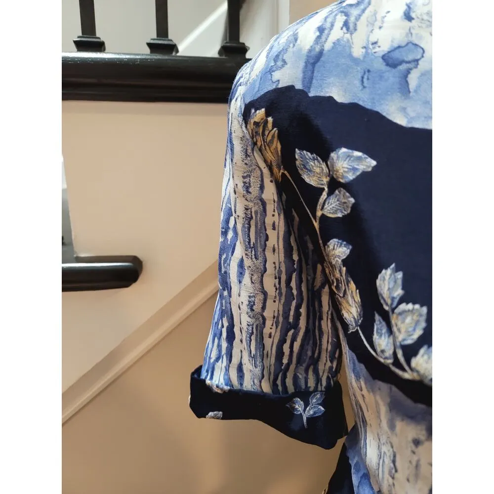 Vintage A.K.F 2 Piece Shirt & Skirt Suit 10 Blue Floral Short Sleeve Round Neck - Image 11