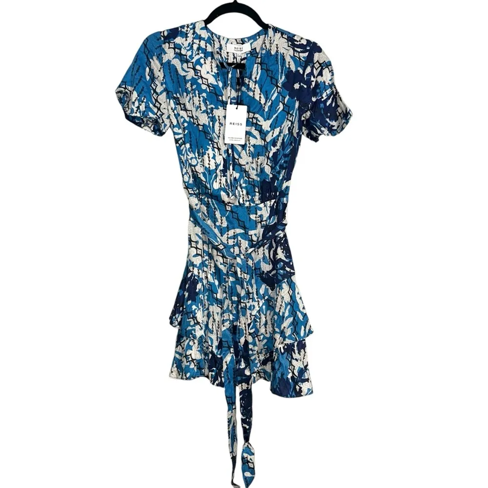NWT Reiss Posey Ditsy Print Italian Fabric Blue Mini Dress US 0 - Image 3