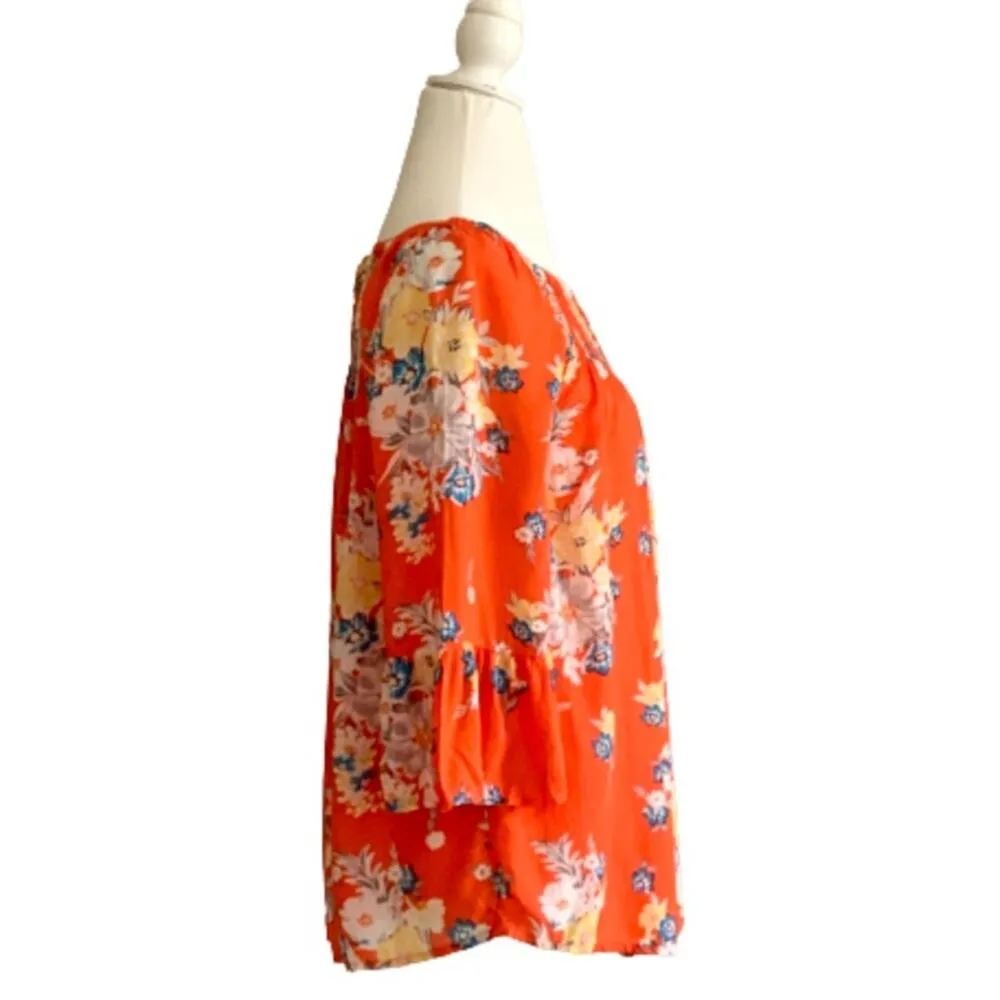 beachlunchlounge Top Latoya Tangerine Floral 3/4 Bell Sleeve Peasant Top Small - Image 7