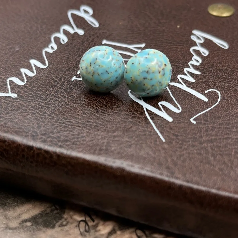Vintage Cyan Sky Blue Speckled Round Resin Stainless Steel Cabochon Earrings - Image 4
